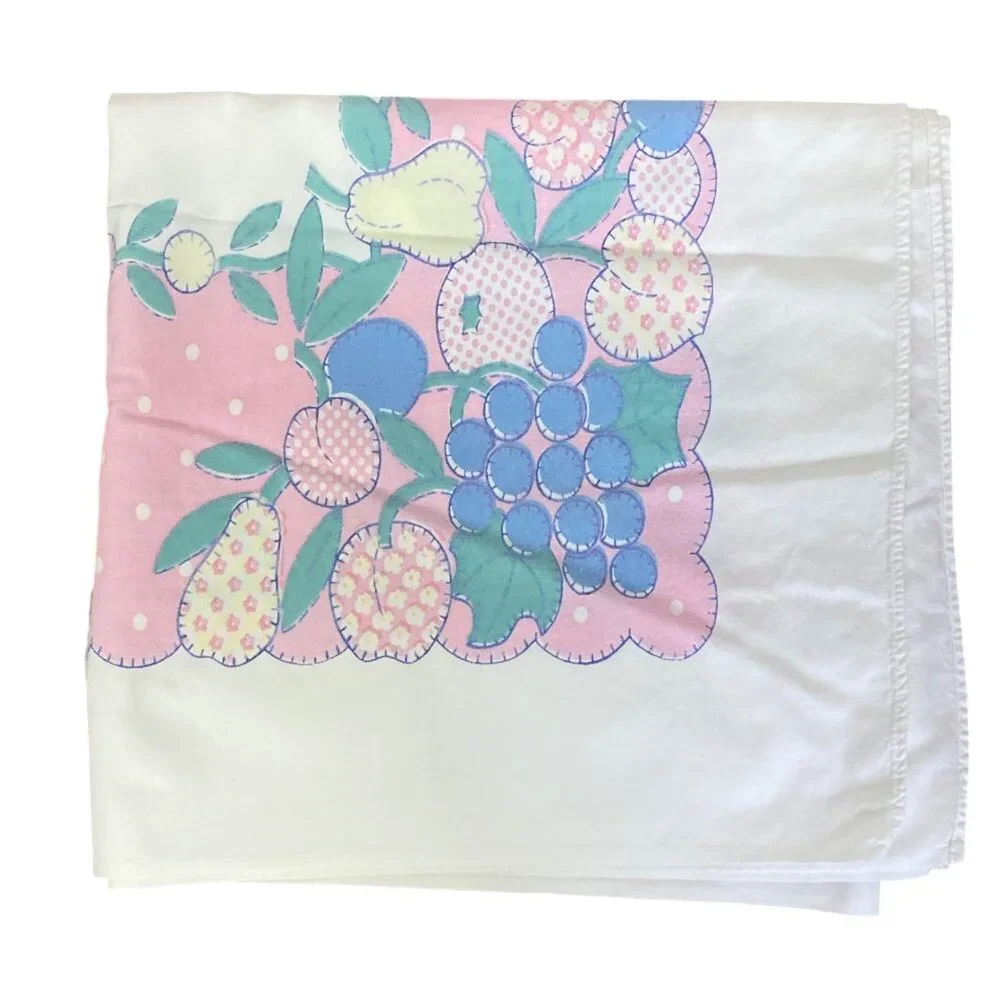 Vintage Fruit Tablecloth Pink Blue 51x 58 Cotton Mid Century Spring Summer